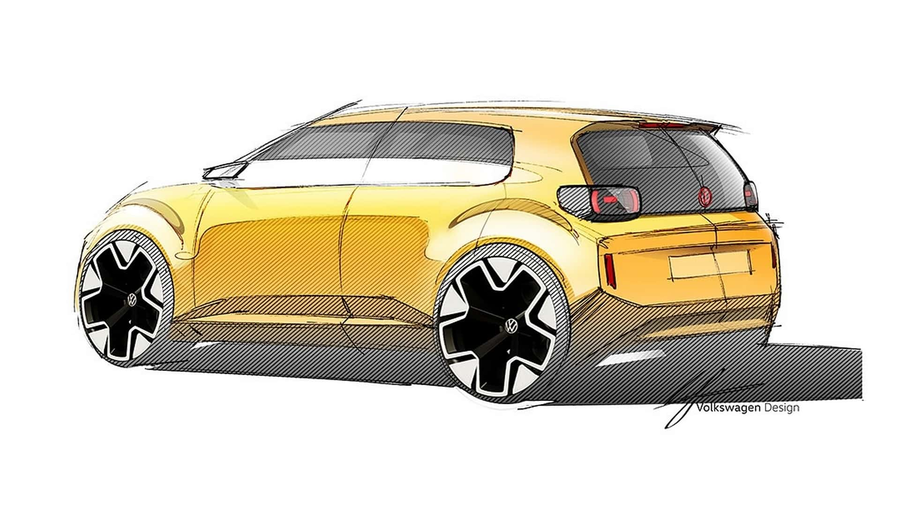 Szkic projektowy Volkswagen ID1 kolor zolty widok z boku tylny kwartał