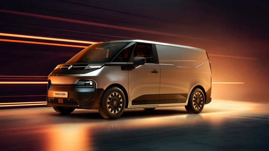Renault Trafic nowy elektryczny van ciemnoszary widok z przodu swiatla pomaranczowe