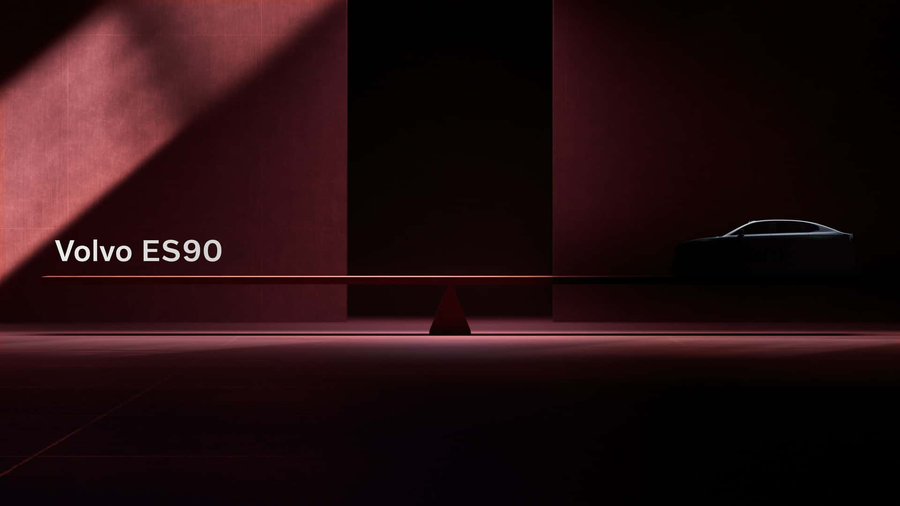 Volvo ES90 teaser sylwetka elektrycznego sedana na ciemnoczerwonym tle