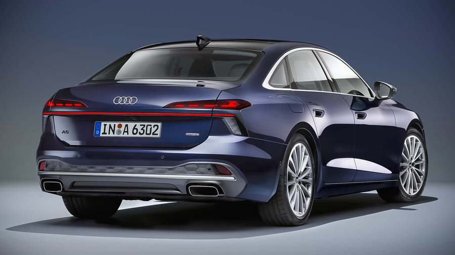 Audi A6 2026 sedan kolor niebieski widok z tylu na jasnym tle