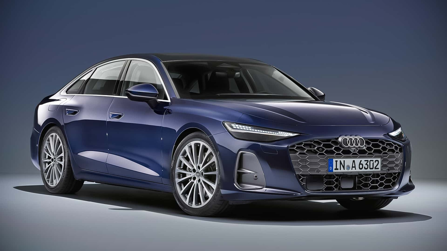 Audi A6 2026 sedan kolor niebieski widok z przodu na jasnym tle